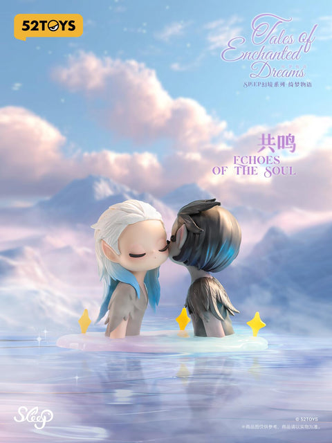 Two ethereal elf characters with delicate features meet in a tender kiss, one with icy white hair tinged in blue and the other with dark feather-like hair, standing together in a glowing lake surrounded by soft clouds and pastel mountains. Their closed eyes and gentle posture evoke intimacy, unity, and the poetic magic of love within a dreamlike realm.