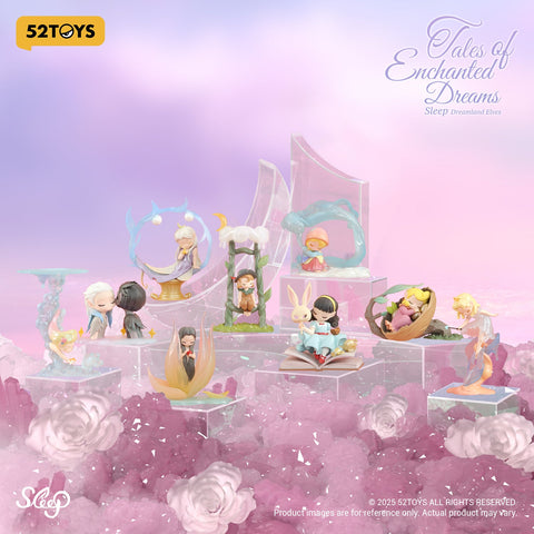 A complete showcase of the Sleep Dreamland Elves: Tales of Enchanted Dreams series displayed on translucent crystal stands surrounded by soft pink roses. Each figure, from Cradle’s Melody to The Snow Maiden, is arranged in a magical pastel setting with shimmering highlights. The arrangement captures the dreamy fantasy theme of the collection with elegance and cohesion.