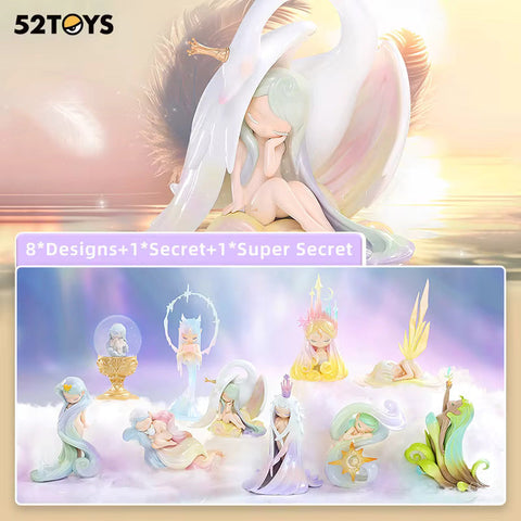 Display image for the 52Toys “Sleep: Life of Fantasies” blind box series featuring 8 regular figurines, 1 secret, and 1 super secret design. The dreamy, pastel-toned figures depict serene, fantasy-inspired characters with elements like wings, stars, moons, and flowing hair. Each is posed peacefully, evoking a magical sleep theme.