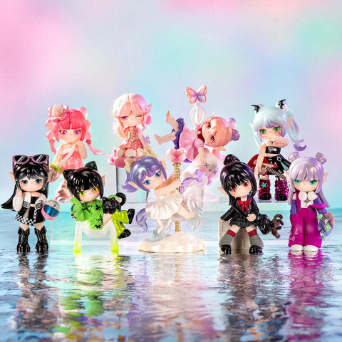 Full display of Suri Colorful A Girls lineup, featuring nine elf-like figures in pastel and edgy outfits, from Carousel Girl to Moto Queen, posed together on a reflective surface.
