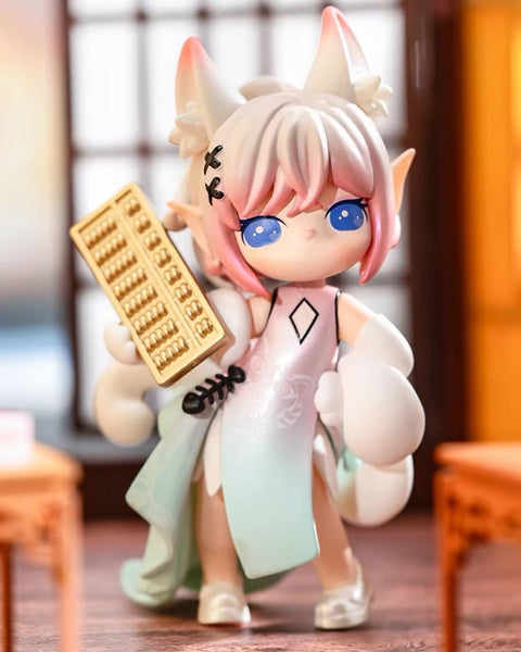 The fox-eared Restaurant Owner Suri wearing a pink and mint green qipao, holding a golden abacus and featuring fluffy white paws.