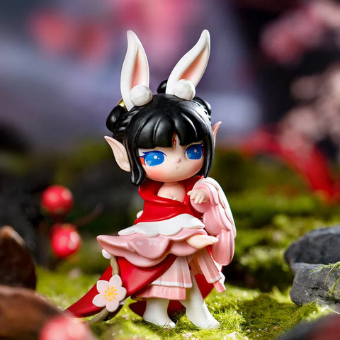 The Rabbit Demon Little Red Lady Suri featuring tall white rabbit ears, a vibrant red hooded cloak, and cherry blossom details.