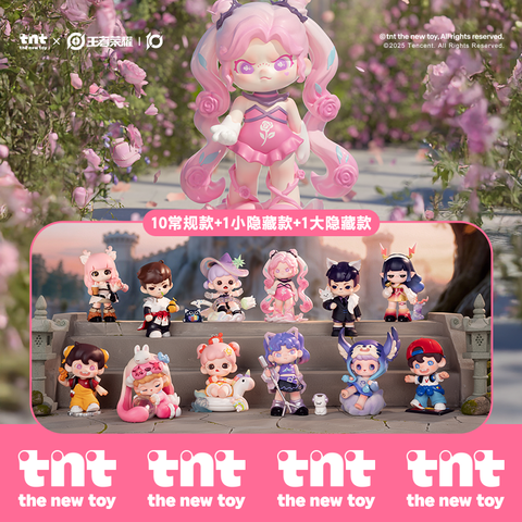 The full TNT × Honor of Kings Canyon Fantasy Series display shows 10 detailed figures arranged in two rows. Each wears colorful outfits representing distinct characters, surrounded by fantasy-themed backgrounds and pink floral framing.