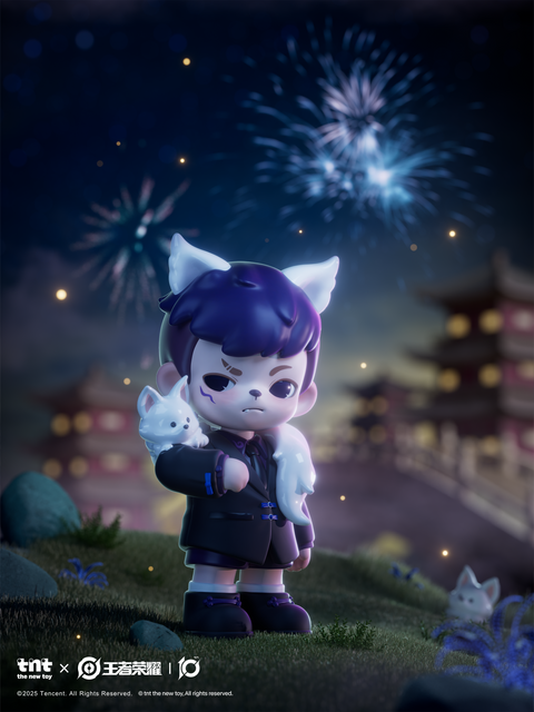 A dark-haired figure with wolf ears stands beneath fireworks at night. Dressed in a black outfit with blue accents, the character holds a white fox on one arm as small fox spirits glow around, against a temple-lit night sky.