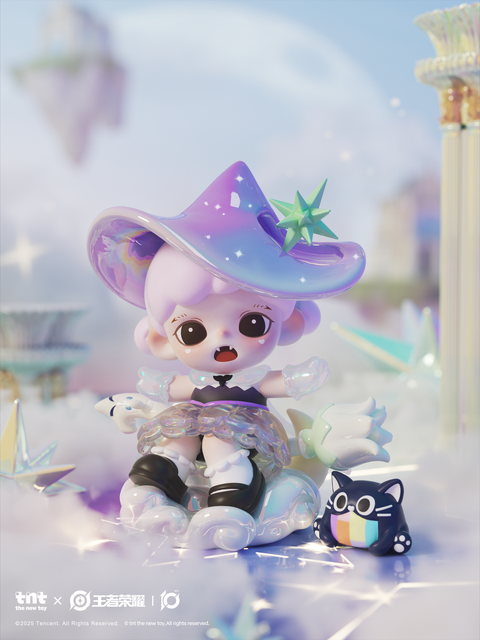 A dark-haired character with lightning horn accessories stands on a neon-lit stage holding a microphone. Wearing a gold and pink outfit with puffy sleeves, the figure poses confidently beside a crystalline creature shaped like a small deer.