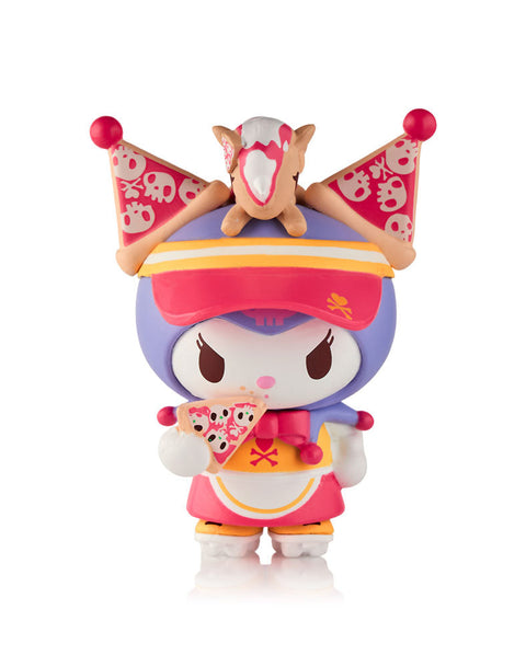 A purple Kuromi figure wearing a red visor and server's apron, holding a slice of pizza with skull pepperoni, while her jester ears are replaced by two large slices of pizza.