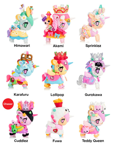 A composite image shows nine Tokidoki Harajuku Princess Unicorno figures arranged in a grid, each posed against a white background with printed names below: Himawari, Akemi, Sprinklez, Karafuru, Lollipop, Gurokawa, Cuddlez, Fuwa, and Teddy Queen. Each figure displays distinctive colors, themed accessories, crowns, or food elements.