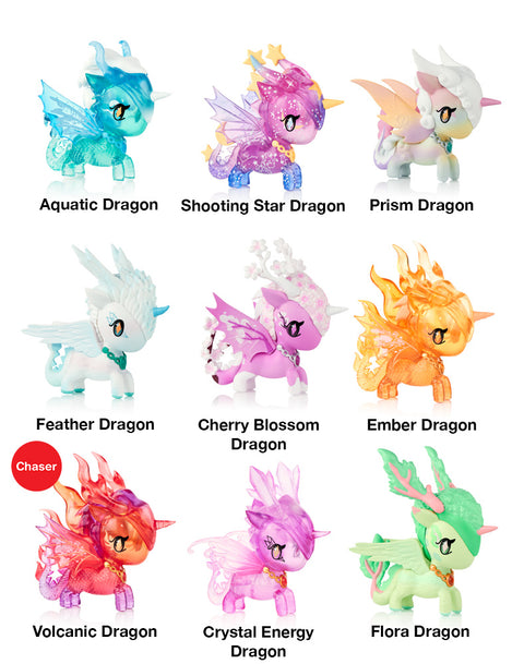 A 3×3 grid showcasing nine Tokidoki Mystical Dragon Unicorno figures, each styled as a unique dragon. Featured designs include Aquatic, Shooting Star, Prism, Feather, Cherry Blossom, Ember, Volcanic, Crystal Energy, and Flora Dragon, all with sculpted details, translucent wings, and vibrant fantasy-inspired colors.