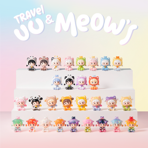 UU & Meows Travel Series Blind Bag full display showing colorful chibi-style figures with tiny cat companions on their heads. Each character has glossy pastel costumes in rainbow tones, with playful details like star patterns and animal paw prints. Figures are posed on fluffy clouds and pastel landscapes.