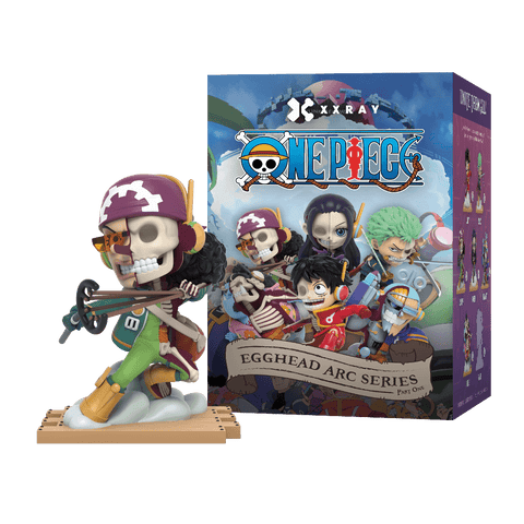 Usopp wearing his purple and white gear-patterned helmet and green futuristic suit, posed with his slingshot and a half-dissected skeletal interior.