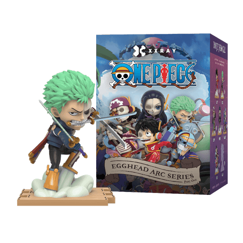 Roronoa Zoro in his dark blue futuristic jacket and yellow boots, posed in a dynamic three-sword style stance with a half-dissected skeletal design on his right side.