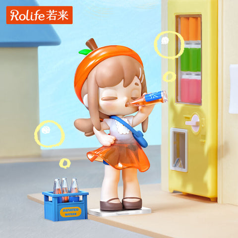 A girl in an orange skirt and fruit-shaped hat sips soda from a glass bottle, standing beside a vintage drink vending machine. A crate of bottles rests nearby. Her playful expression and transparent outfit details make the figure glow with summer refreshment, nostalgia, and quirky character design.