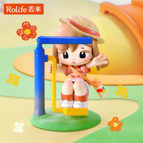 The secret chaser shows a girl in a striped outfit with suspenders, dancing energetically in a whimsical pose. Bright details and cartoonlike motion lines emphasize movement, making this hidden piece stand apart. The design conveys playful spontaneity and hidden surprises in the diary series.