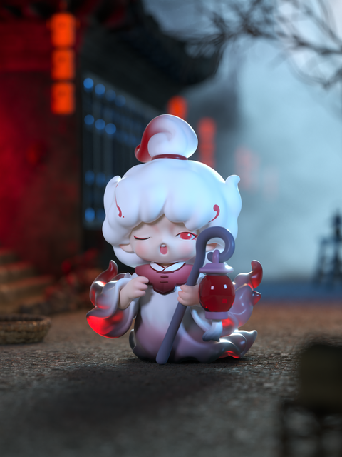 A spectral figure with soft white hair sits beneath red lantern light, holding a glowing crimson lantern and staff. The foggy night setting radiates quiet mystery and spiritual warmth, reflecting the poetic balance of ghostly beauty and calm seen in Yumo’s dreamlike art.