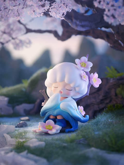 A gentle figure rests beneath cherry blossoms, eyes closed in peaceful meditation as petals and flowers surround her. The soft pastels and glowing highlights convey purity, serenity, and rebirth, reflecting Yumo’s dreamlike exploration of nature and inner calm.