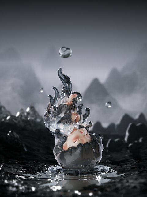 Against a misty, monochrome landscape, a small spirit hangs upside-down inside a glossy splash of black ink. Ripples spread across a dark pool while arcing tendrils curl like calligraphy strokes, droplets frozen midair. Eyes closed, the figure embodies stillness within flowing ink.