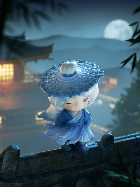 A white-haired wanderer in a blue robe and woven hat walks across a moonlit rooftop, gazing at distant lanterns below. The cinematic glow and quiet confidence evoke the poetic solitude of a dream knight, blending fantasy and folklore in Yumo’s ethereal storytelling.