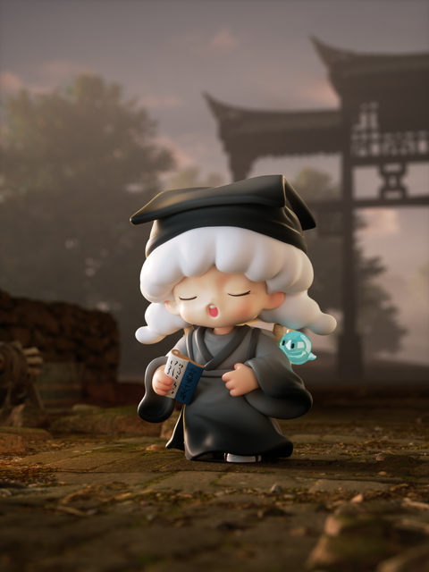 A quiet scholar leans over an open scroll, candlelight trembling across inked constellations. Her sleeve pools like dusk as her eyes drift into reverie. In her silence, words dissolve into mist—thought becoming dream, dream becoming endless contemplation.