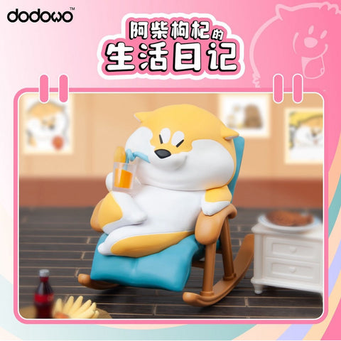 A relaxed Shiba Inu lounging on a blue rocking chair, sipping orange juice. Snacks and soda sit nearby on a side table in a playful home setting.