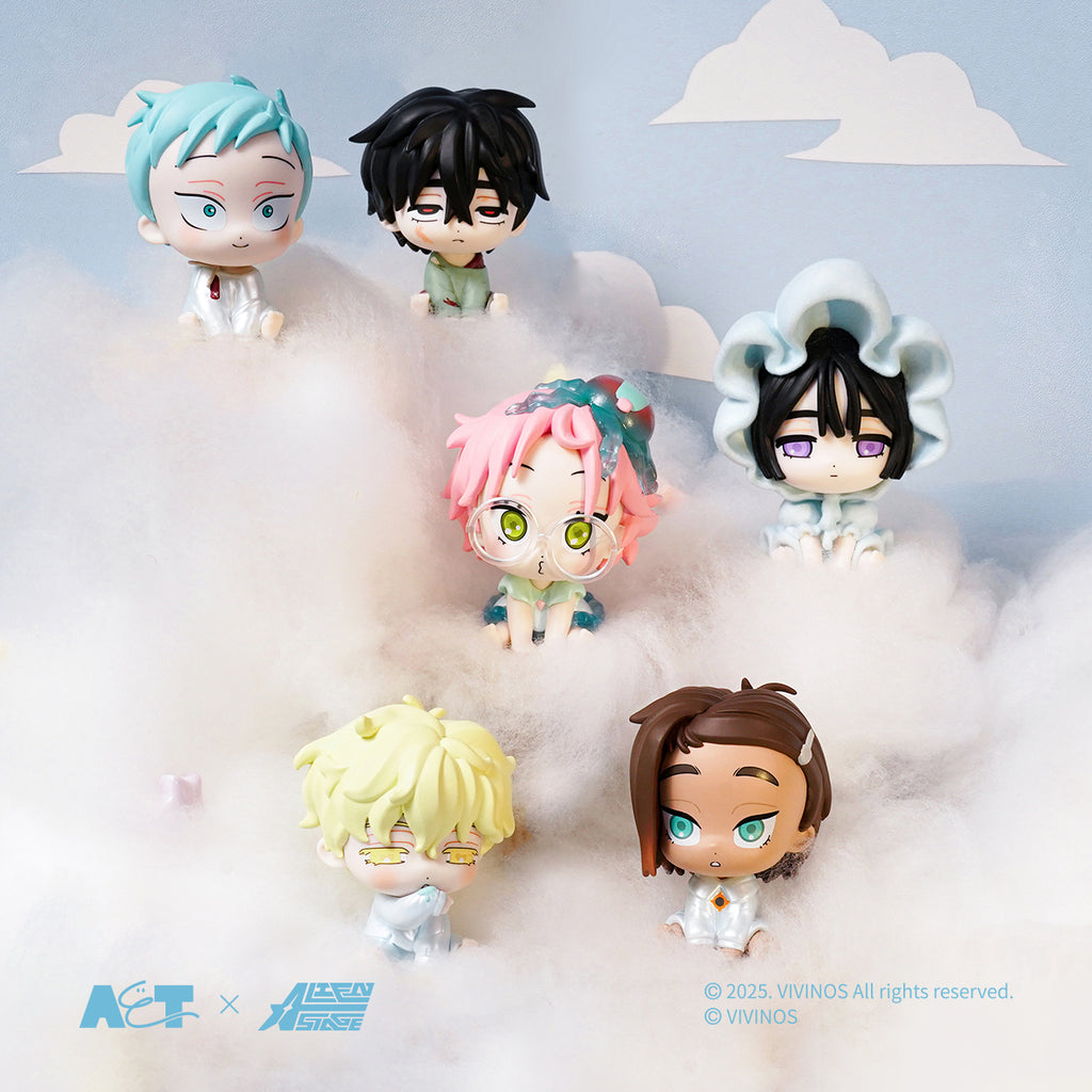 Six Alien Stage baby figures sit among fluffy clouds in a dreamy pastel setting. Each chibi-styled character has large expressive eyes and distinctive hair colors—mint, black, pink, blonde, teal, and brown—dressed in soft white outfits with tiny details and relaxed poses.