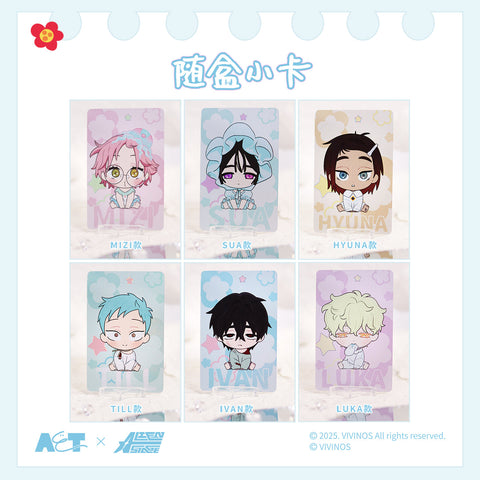 A collection of six acrylic cards featuring chibi portraits of Alien Stage’s baby characters—Mizi, Sua, Hyuna, Till, Ivan, and Luka. Each design includes soft pastel clouds, name text, and matching background hues that complement the characters’ distinctive colors and moods.