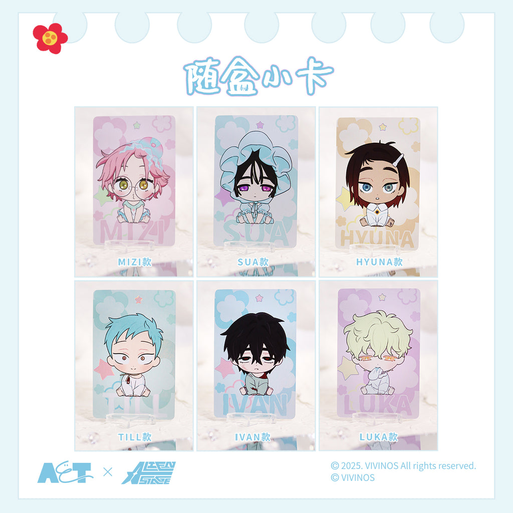 A collection of six acrylic cards featuring chibi portraits of Alien Stage’s baby characters—Mizi, Sua, Hyuna, Till, Ivan, and Luka. Each design includes soft pastel clouds, name text, and matching background hues that complement the characters’ distinctive colors and moods.