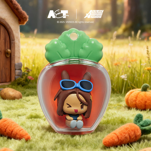Chibi Hyuna figure winking with blue-rimmed sunglasses, tucked inside a radish pod in a grassy field with small pumpkins nearby.