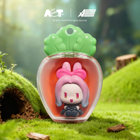 Chibi Mizi figure with pink hair and a blue headband, resting inside a radish pod on a mossy hill next to a small earthy burrow.