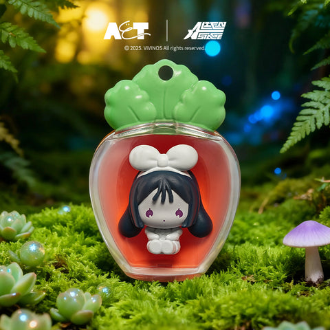 Chibi Sua figure with dark hair and a large white bow, sitting inside a radish pod in a dense green forest with glowing blue mushrooms.