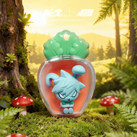 Chibi Till figure with vibrant teal hair and an intense expression, sitting inside a radish pod next to a large tree trunk in a sunlit meadow.