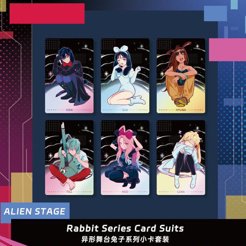 An official promotional graphic displaying the complete set of six character cards featuring Mizi, Sua, Hyuna, Till, Ivan, and Luka in rabbit-themed attire.
