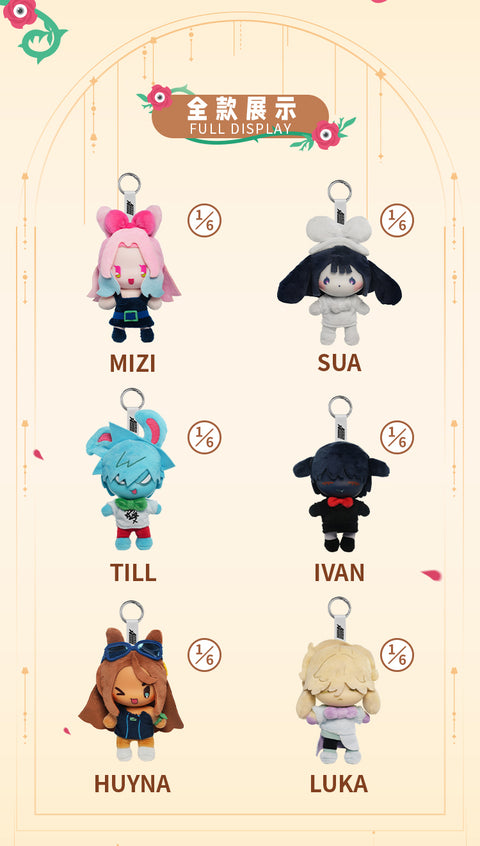 A character lineup chart showing the six designs: Mizi, Sua, Till, Ivan, Hyuna, and Luka, with a 1/6 probability for each.
