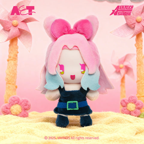 A pink and blue gradient plush Mizi with a large pink bow, standing on a sandy beach with pink wind turbines in the background.