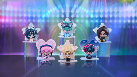 A complete collection of 6 Alien Stage Series blind box figures by MOFUN, arranged on clear acrylic risers with vibrant stage lighting.