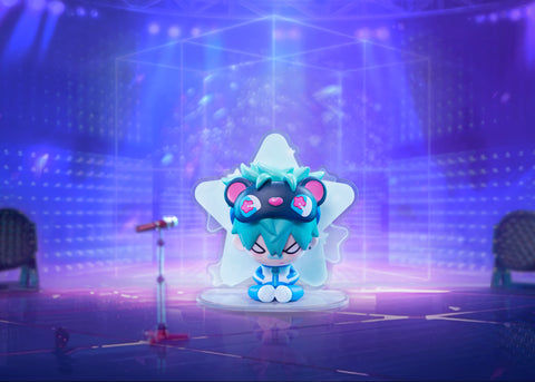 Chibi Till with teal hair and a bear sleep mask, sitting in a meditative pose on a glowing star-shaped base.