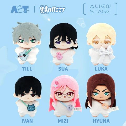 A group display showcasing all six "starfish" shaped plush characters from the series: Till, Sua, Luka, Ivan, Mizi, and Hyuna, each with unique embroidered features and signature accessories.
