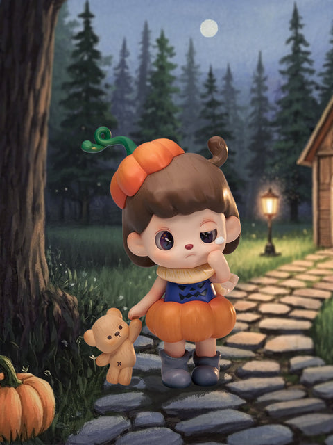 A small figure dressed in an orange pumpkin-themed outfit stands under the moonlight near a forest cabin. Its round skirt resembles a carved pumpkin, complete with a green stem sprout on the head. A teddy bear dangles loosely from one hand while the other wipes away a tear, giving the scene a mix of Halloween charm and sorrowful vulnerability.