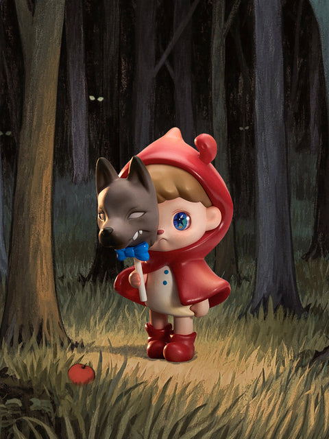 A fairytale-inspired character in a red hood holds a gray wolf mask on a stick, standing at the edge of a dark forest. Their innocent expression contrasts with the eerie backdrop, while glowing eyes peek through the trees. With red boots, a small cape, and the mask partially raised, the figure embodies both Little Red Riding Hood and the lurking danger she faces.
