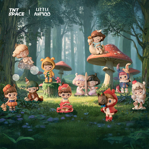 The full display of Anmoo’s The World Is A Lying Fairy Tale Series shows all characters arranged in a whimsical forest. Figures sit, stand, or float among oversized mushrooms and trees, including pumpkin, apple, bunny, swan, and ice-cream designs, plus mirrored dream twins, creating a surreal fairytale gathering.