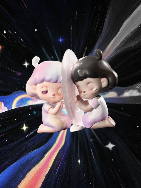 Two mirrored characters in soft white and shadowy black kneel across from each other, separated by a glowing portal-like sheet. Their expressions are serene yet distant, as rainbow streaks of cosmic light swirl behind them. The figures, one embodying light and the other darkness, reflect duality, balance, and fragile unity within a surreal fairytale cosmos.