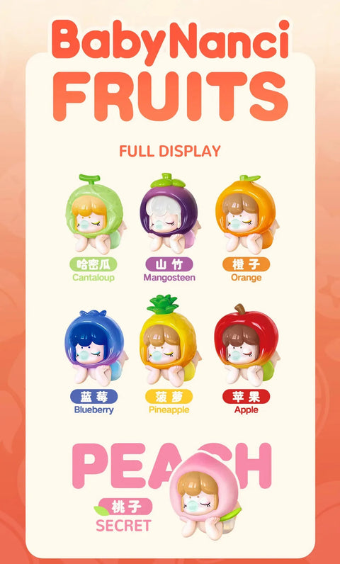 This image showcases the full display of the Baby Nanci Fruits Series Blind Box collection, featuring seven collectible figurines with fruit-inspired designs. Each figure has a peaceful, dreamy expression with closed eyes and hands resting on its cheeks. The set includes characters representing Cantaloupe, Mangosteen, Orange, Blueberry, Pineapple, Apple, and a special Secret Peach edition. The display uses a soft, pastel color palette, enhancing the cute and whimsical aesthetic of the collection.