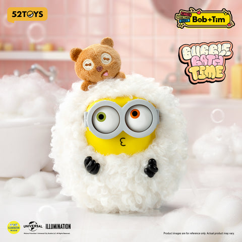 Minion Bob covered in white fluffy "soap suds" with Tim the bear peeking out from the top.