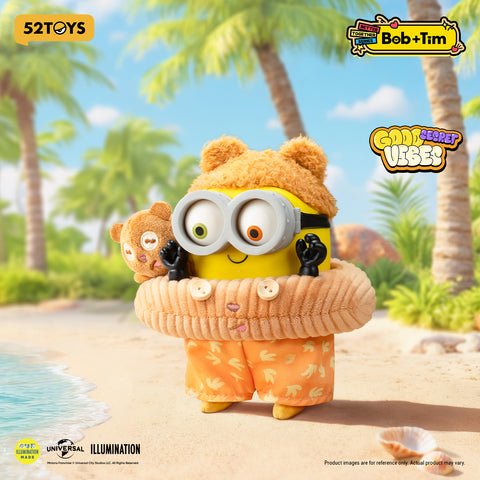The secret chaser featuring Minion Bob in orange tropical shorts and a shaggy bear hat, holding a corduroy inner tube.