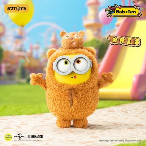 Minion Bob wearing a brown, shaggy bear costume that matches Tim the bear, who is sitting on his head.