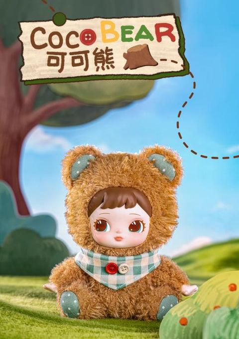 Charline wearing a deep chocolate brown fuzzy bear costume with round ears and a tiny matching bow.