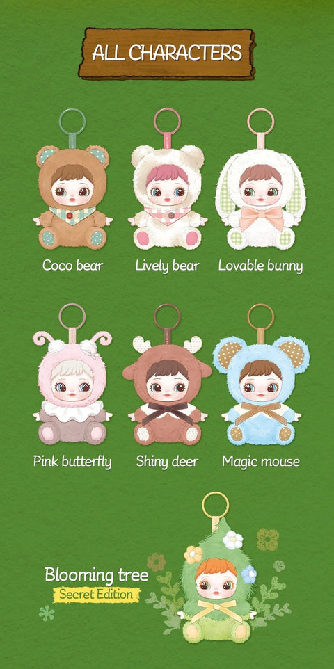 A collection of 6 Rolife Charline plush figures and 1 rare secret, displayed as bag charms with metal clips. 