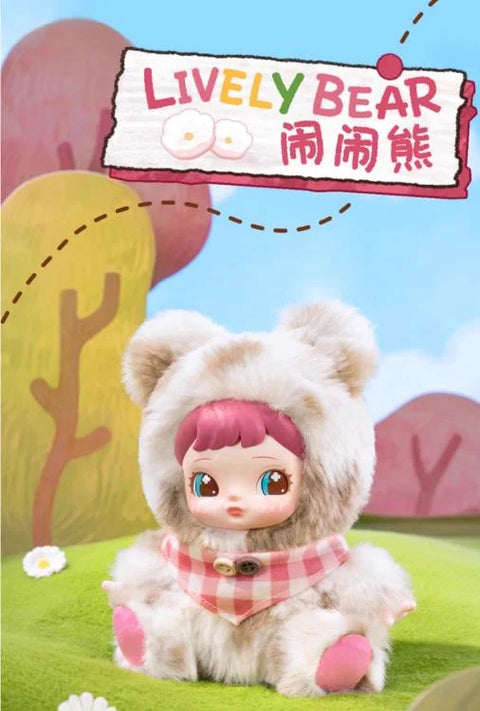 Charline in a light tan teddy bear outfit featuring a soft texture and a playful expression.