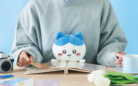 A round plush with blue cat ears and a white-and-blue face rests on an open book in front of a person wearing a gray sweatshirt. The plush has embroidered eyes, pink blush, and small paws placed on the pages. A cup, a camera, and photo prints sit nearby in a bright pastel blue setting.