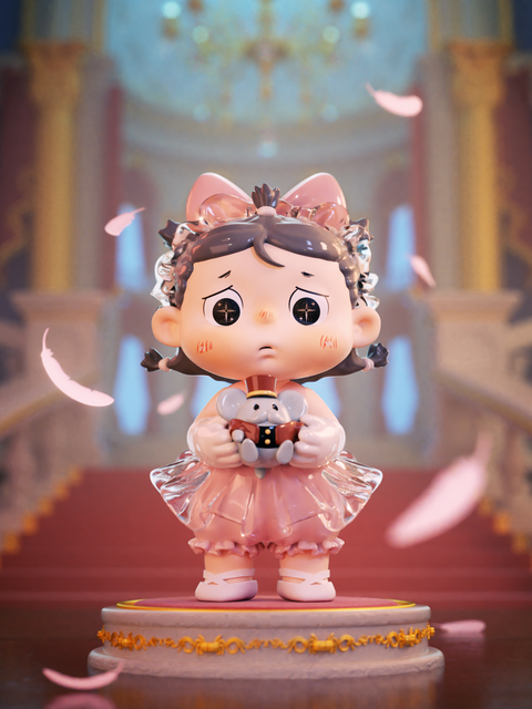 Clara is styled as a sweet ballerina-like character in a pink frilly dress with a large bow headpiece. She holds a small stuffed toy mouse dressed in a tuxedo, her eyes wide and worried. Pink feathers drift around her as she stands on a golden pedestal, set against an ornate ballroom staircase, evoking a tender theatrical moment.