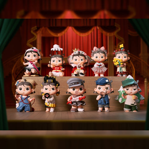 Group display of the Detective Dazey Lost In Filming Site Series, featuring all characters posed on a stage set with red curtains, including directors, costumers, actors, musicians, and whimsical figures in cinematic roles.